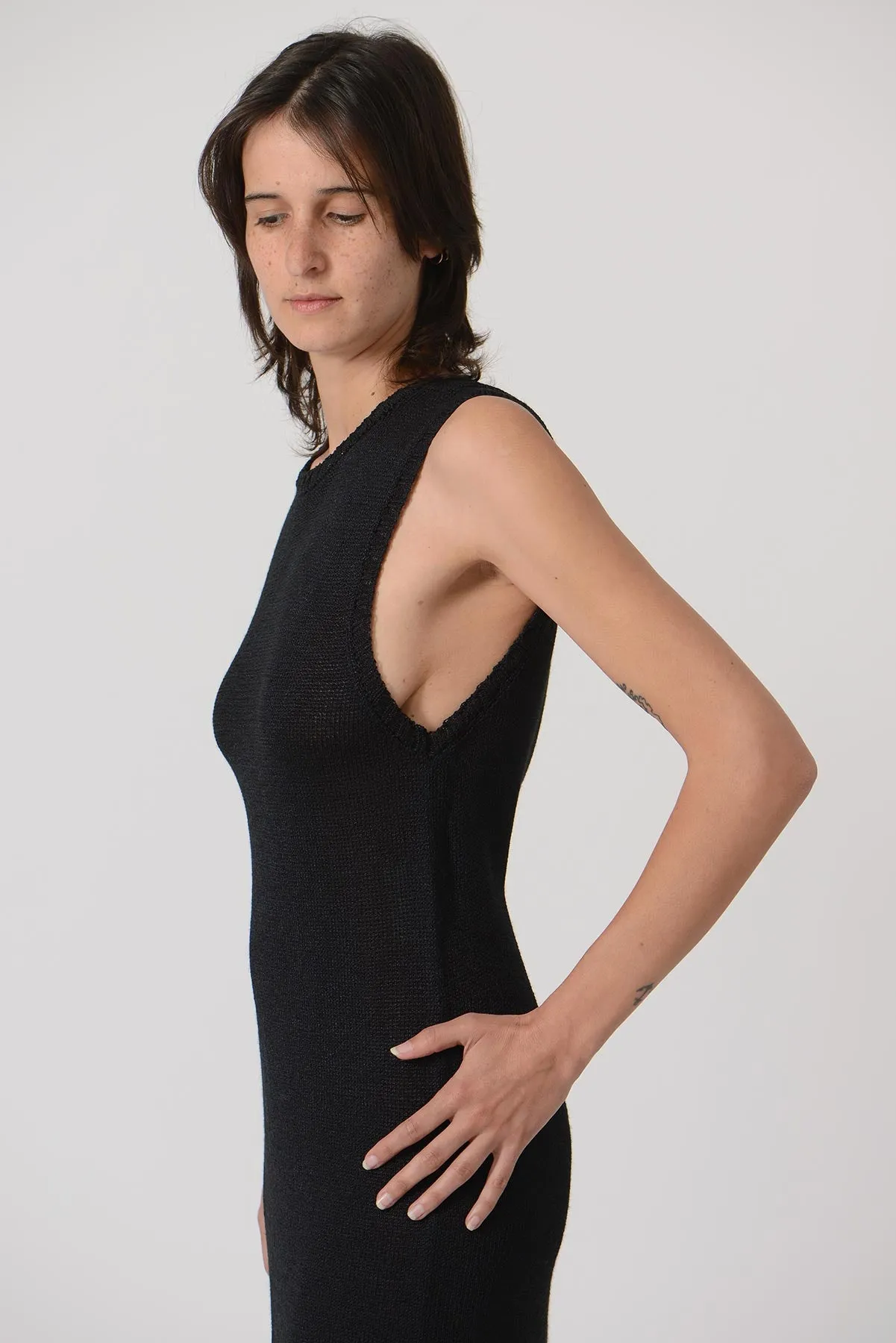 See Through Backless Knit Dress - Black