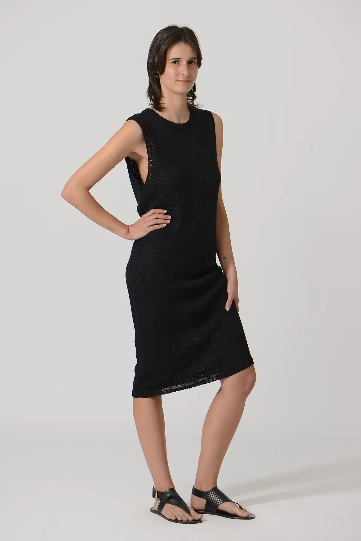 See Through Backless Knit Dress - Black