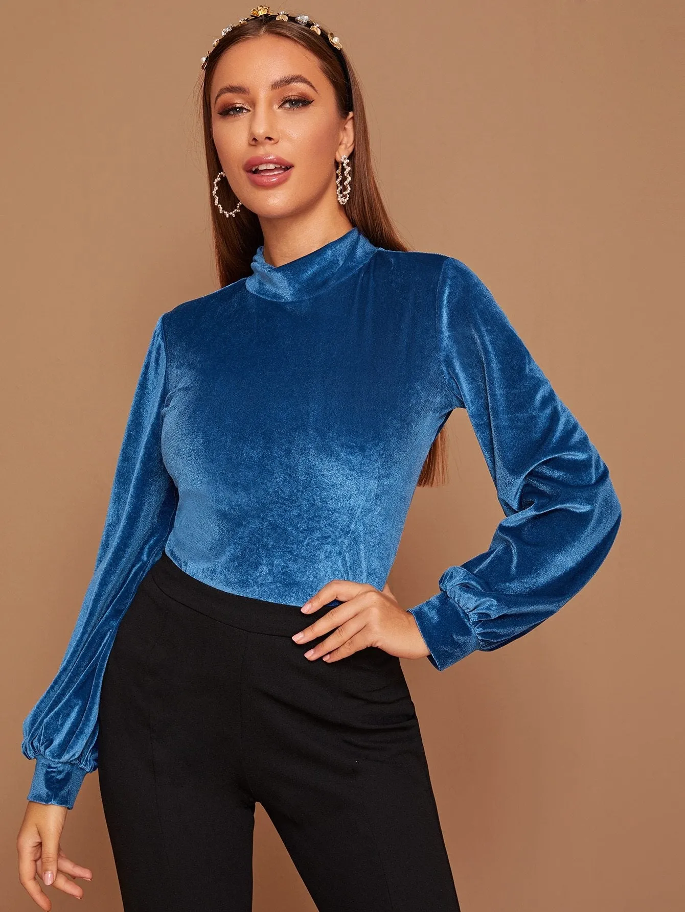 Stand Collar Bishop Sleeve Velvet Tee