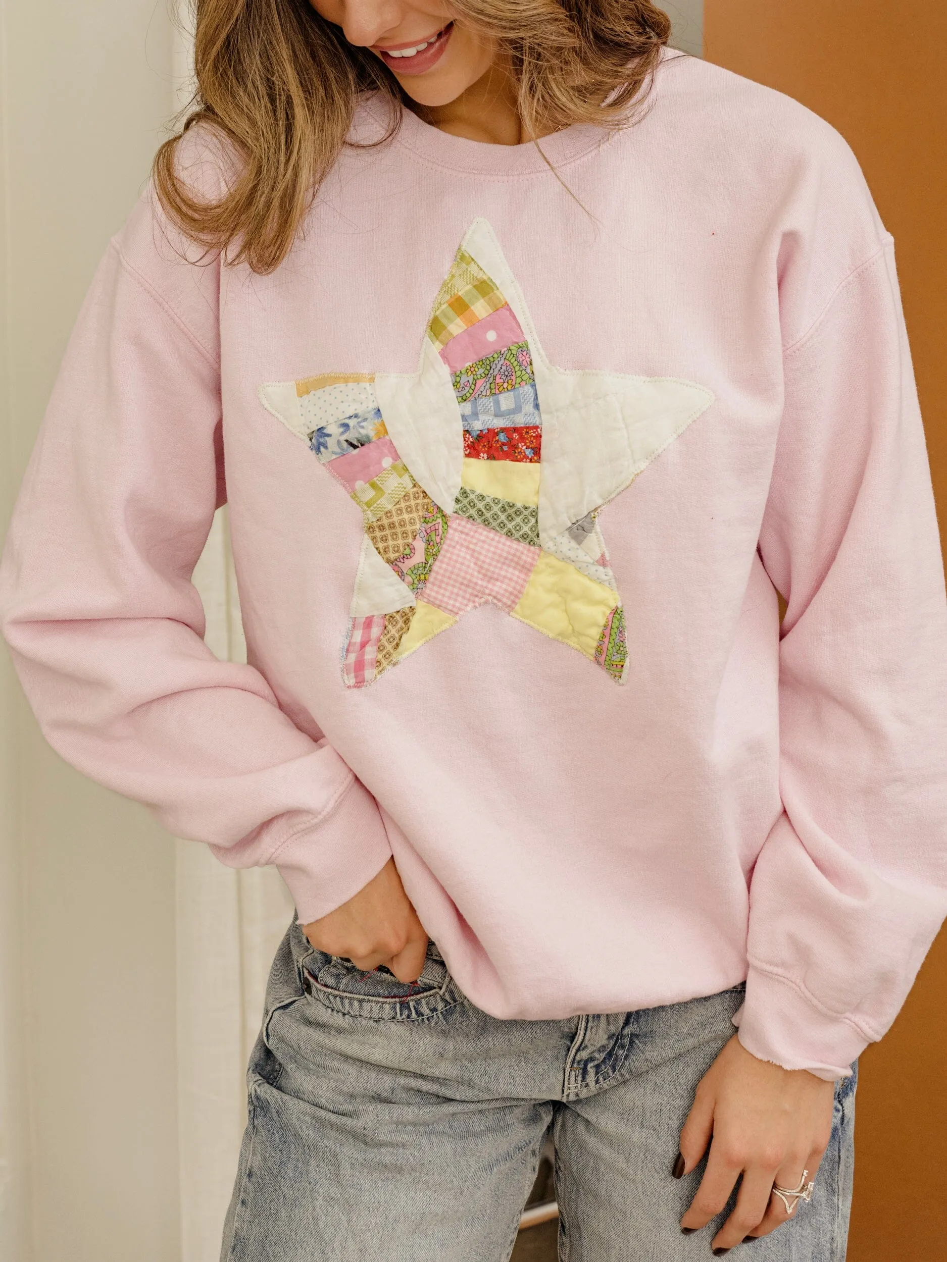 STAR Quilted Applique Pink Thrifted Sweatshirt