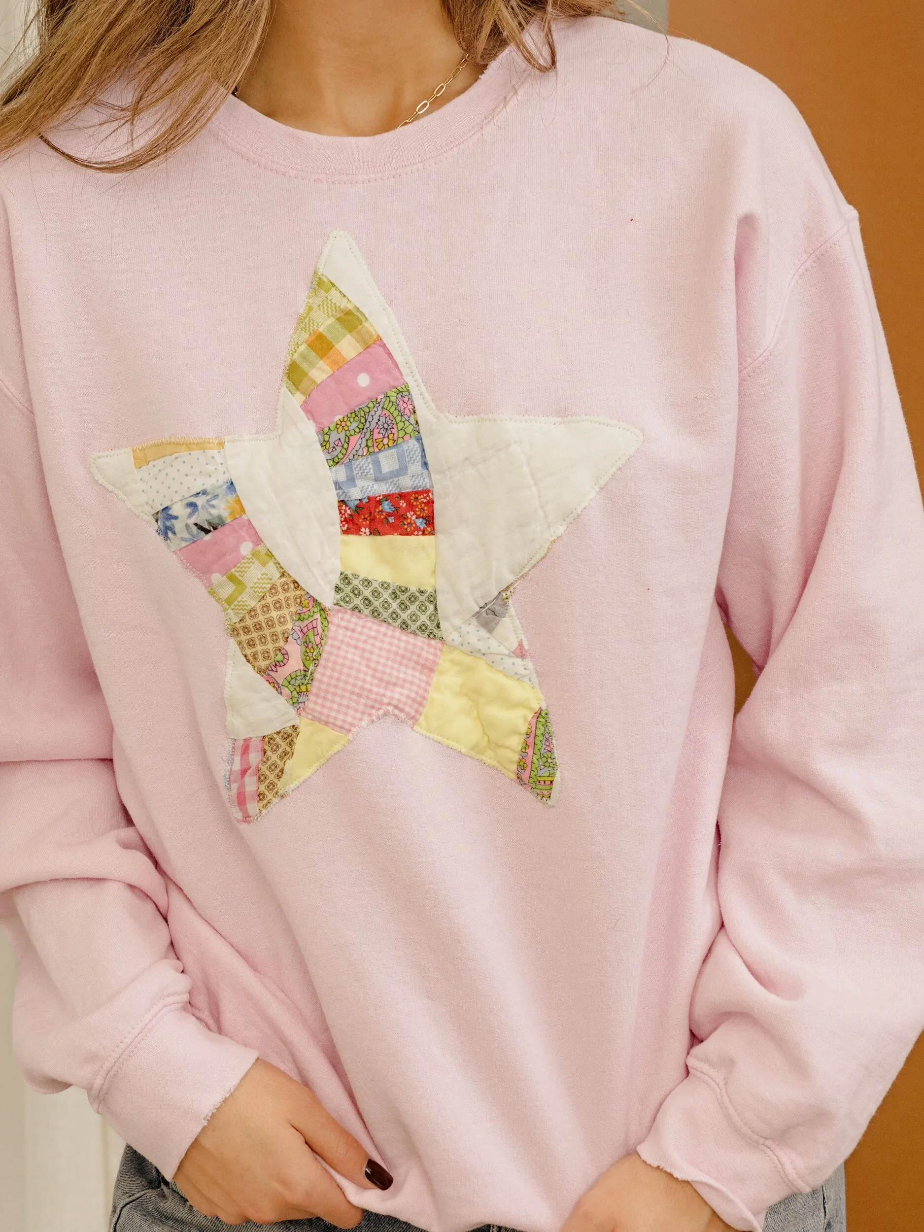 STAR Quilted Applique Pink Thrifted Sweatshirt