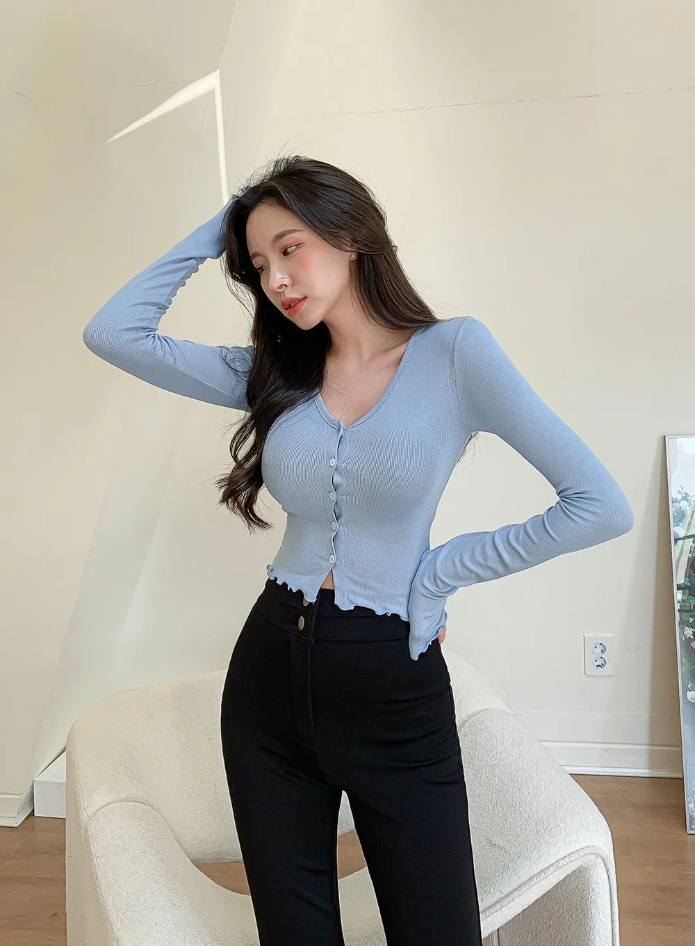 V-neck Frill Long-sleeve Cardigan T-shirt L1002