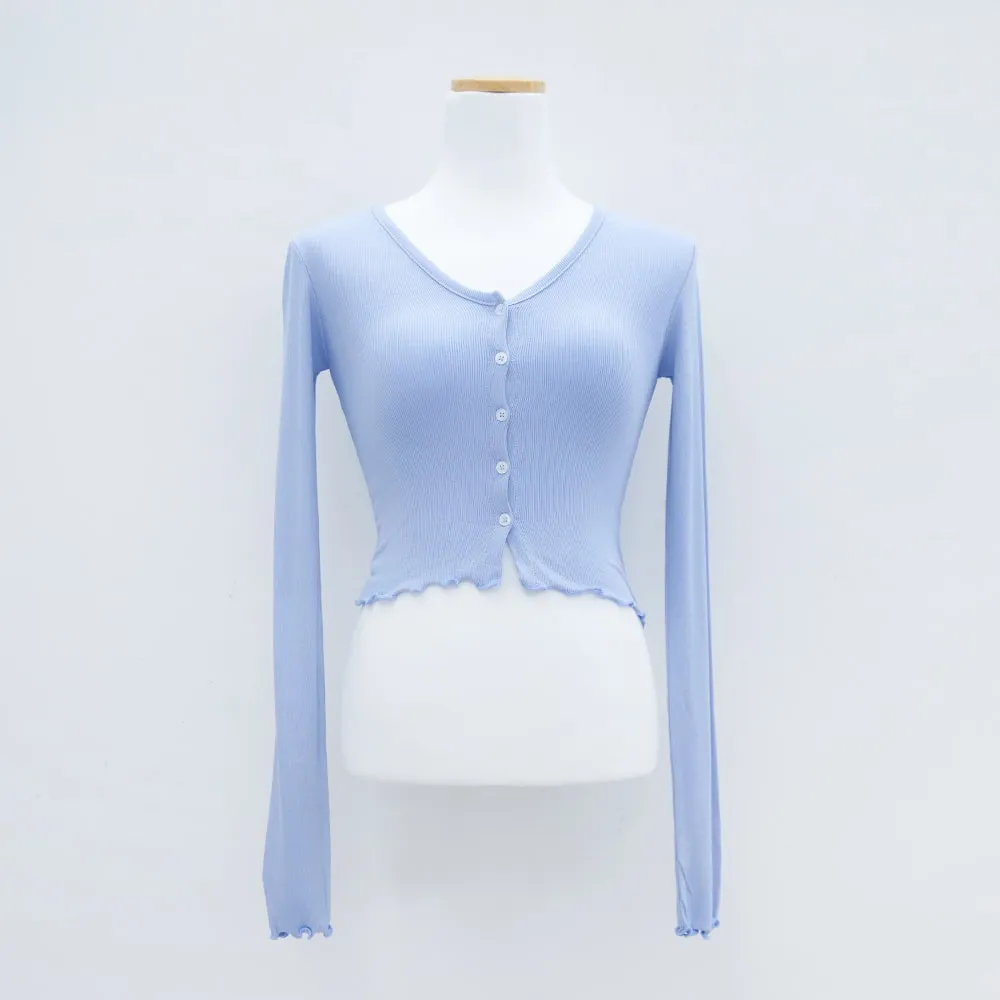 V-neck Frill Long-sleeve Cardigan T-shirt L1002