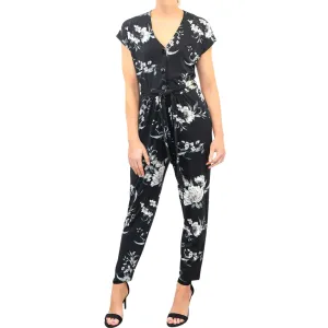 Wallis Womens Black Floral Short Sleeve V-Neck Button Going Out Jumpsuits