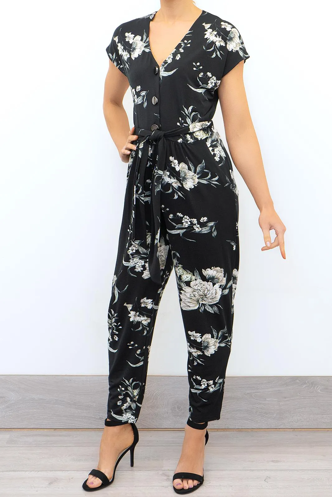 Wallis Womens Black Floral Short Sleeve V-Neck Button Going Out Jumpsuits