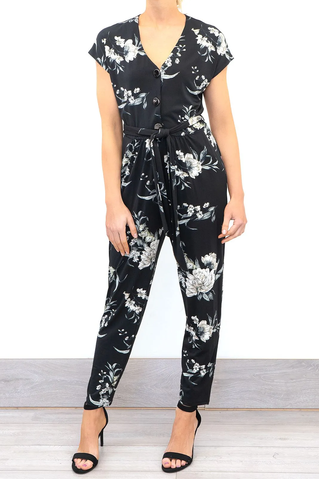 Wallis Womens Black Floral Short Sleeve V-Neck Button Going Out Jumpsuits