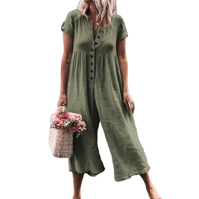 Women Button Attached Loose Casual Jumpsuit - C13850ZWJ