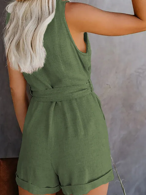 Woven V-Neck Button-Up Sleeveless Jumpsuit