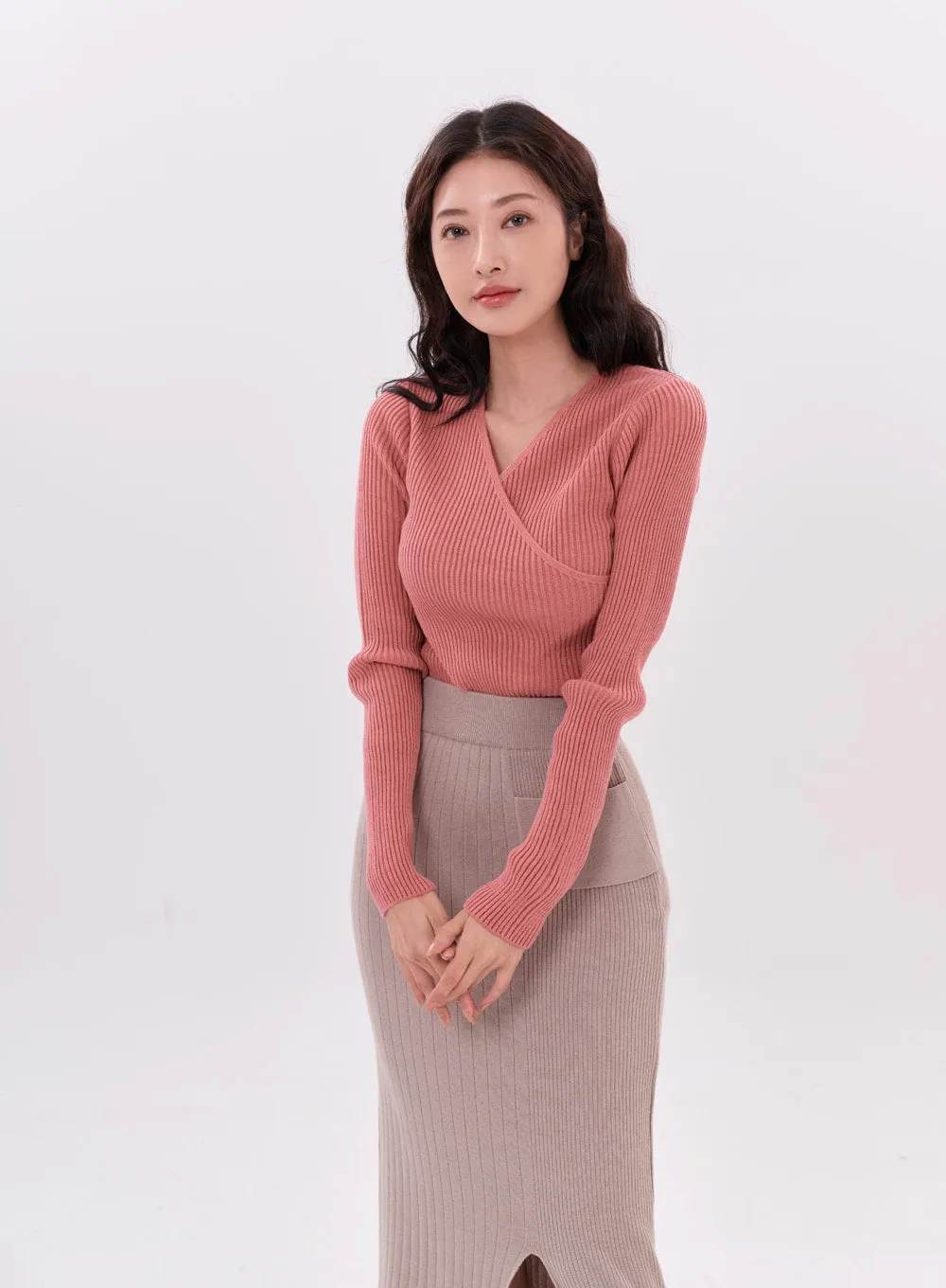 Wrap Neckline Long Sleeve Knit T-Shirt IS15